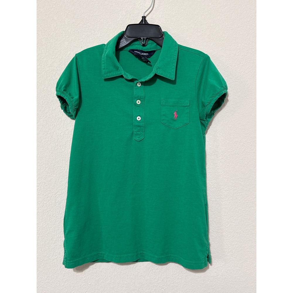Ralph Lauren Polo Shirt Girls 6X Green Puff Sleeve Pink Pony Pocket Top
